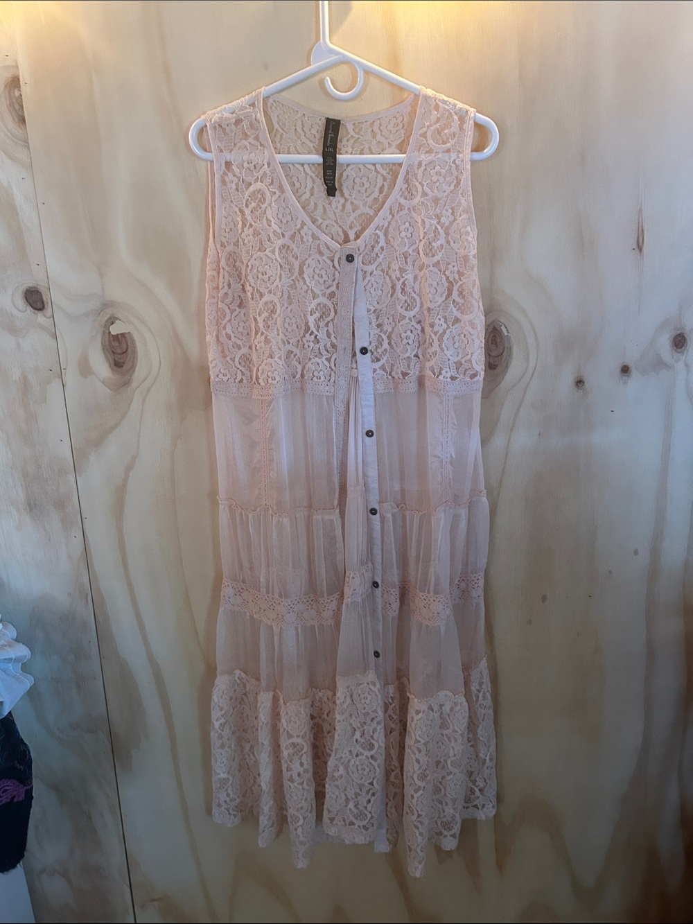 Sacred Threads Blush Lace Tiered Button-Front Midi Dress